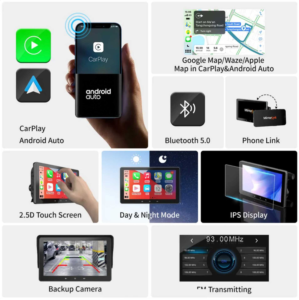 Tragbares Navigationssystem mit CarPlay und Android Auto | 7 Zoll | Bluetooth | FM-Transmitter | AUX